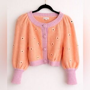 Love & Lemons Peach Pink Heart Cardigan Puff Sleeve Sweater